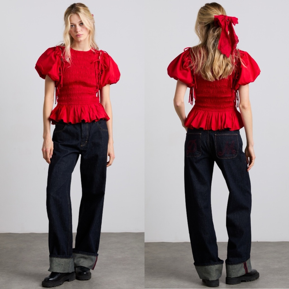 Damson Madder Becca Multi Way Blouse Cherry Red Organic Cotton Size 4 Size 8 UK - Picture 3 of 16
